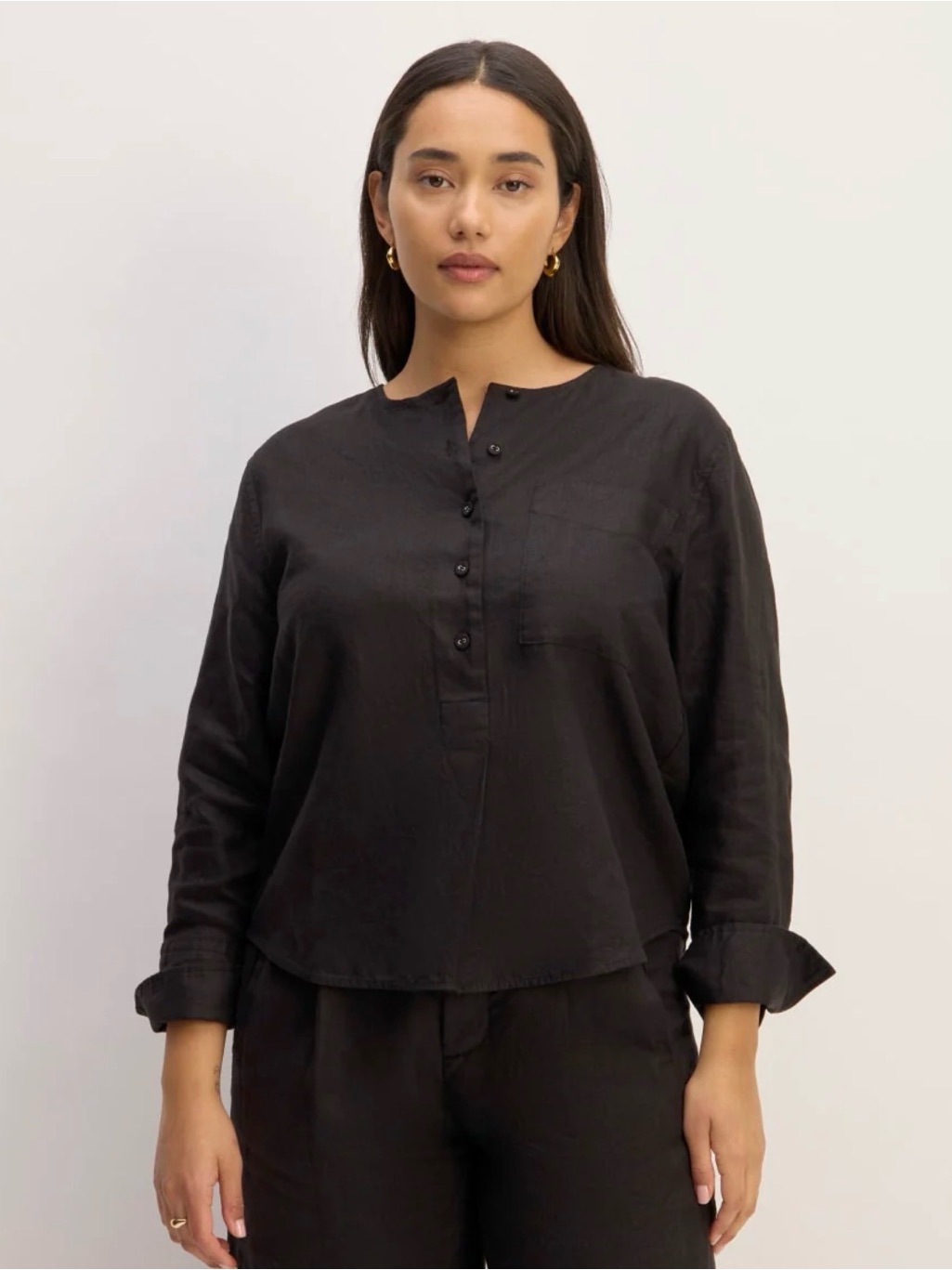 Everlane The Linen Popover Shirt In Black Size 14